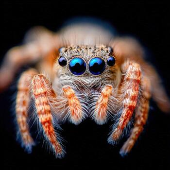 Hyper-detailed close-up of a small spider with striking blue eyes and fuzzy legs photo