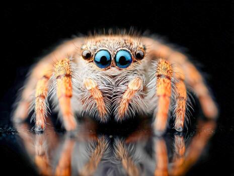 Hyper-detailed portrait showing a small spider with vibrant colors and fine details photo