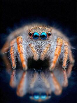 Hyper-detailed portrait showcasing intricate features of a small spider photo