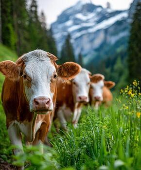 Herd of cows grazing in a vibrant mountain pasture during daylight photo