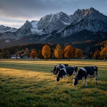 Cows grazing in a field with mountains in the background photo