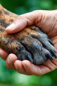 Hands and paws unite in a moment of connection and hope between pet and human photo