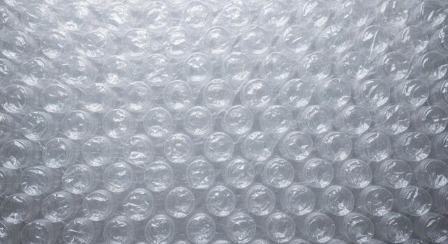 Close-up view of bubble wrap, showcasing a macro perspective with trapped air, highlights, and a translucent sheen under top-down lighting, no text photo