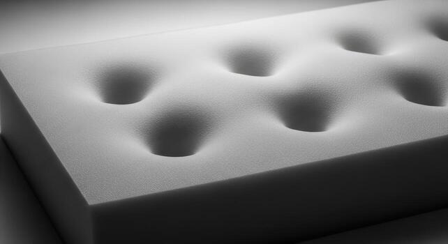 Close-up of a textured white foam material with several evenly spaced indentations, ideal for backgrounds, abstract designs, and product presentations photo