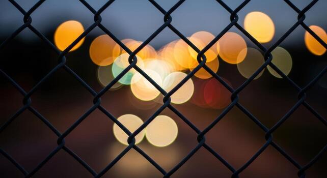 Abstract bokeh lights viewed through a chain link fence, creating a captivating contrast of textures and blurred backgrounds in urban setting photo
