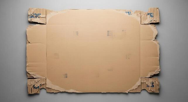 Overhead view of a large, textured, corrugated cardboard sheet with torn edges and subtle printing smudges, suitable for creative design photo