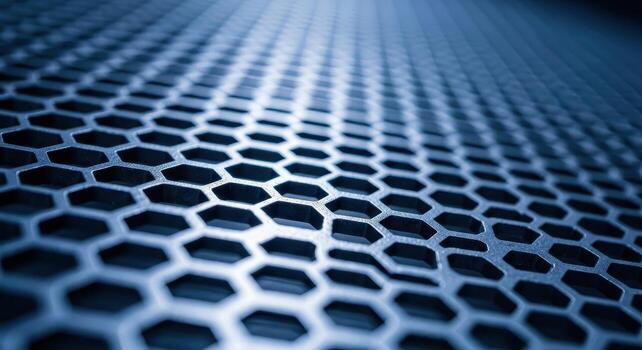 Abstract close-up of a blue metal mesh with hexagonal patterns, creating a textured background. Modern and industrial design, featuring depth and geometric shapes photo