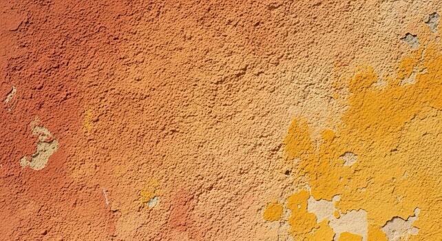 Textured wall background with vibrant orange and yellow hues, displaying aging and peeling paint, creating an abstract and weathered artistic aesthetic, perfect for design photo