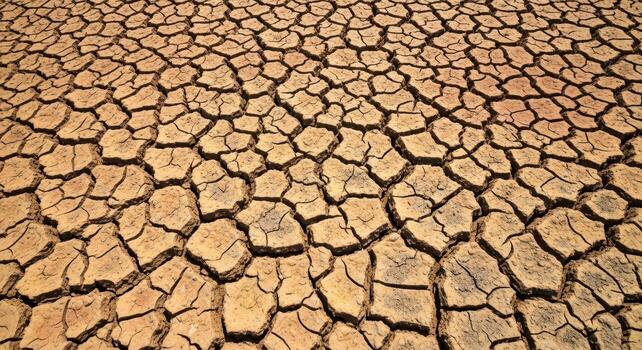 A high-angle, desaturated, warm-toned panoramic view showcases cracked, dry earth with polygonal fissures under a harsh overhead sun, emphasizing drought photo