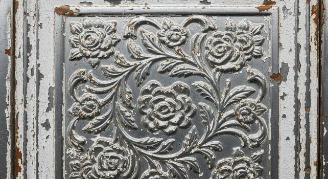 Close-up of an antique metal panel with embossed floral patterns, featuring peeling paint and textures indicative of age and wear and tear photo