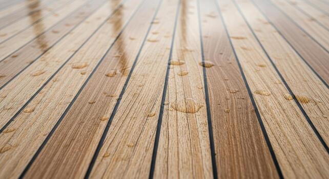 de cerca de mojado de madera tablones con agua gotas en a ellos, exhibiendo el natural textura y grano, ideal para antecedentes o texturas foto
