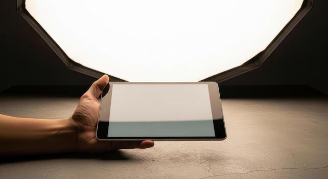 Hand holding a tablet with a blank screen, illuminated by studio lighting, showcasing technology, for digital content or app display with copy space photo