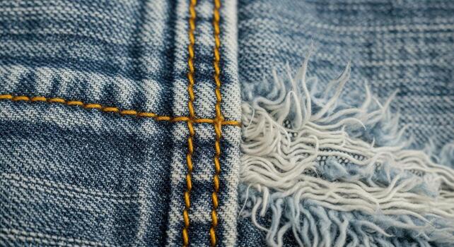 Close-up of distressed denim fabric, showing frayed edges and contrasting yellow stitching, revealing the textures of worn clothing, a style statement photo