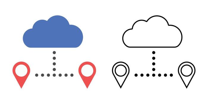 Latency tracker node icon featuring interconnected cloud and map pins with dotted delay lines. Ideal for cloud performance analytics, network monitoring, and distributed system visualization. vector