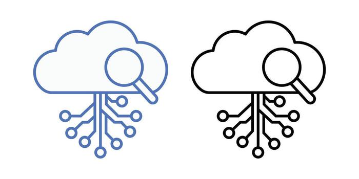 Silent failure detector icon showing a magnifying glass examining a faded cloud node. Ideal for cloud diagnostics, system reliability, and hidden error monitoring concepts. vector