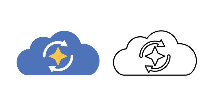 Self-healing cloud instance icon featuring regenerating cloud with rotating arrows and spark core. Perfect for cloud recovery, autonomous server systems, and fault tolerance technology visuals. vector