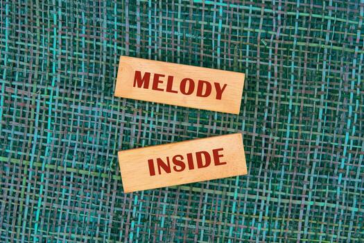 Two wooden blocks lie on a teal woven surface. On the first block is written the word MELODY. The second block shows the word INSIDE photo