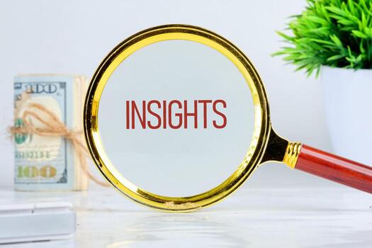 INSIGHTS showed through a magnifying glass on a light background. Technology and data science concept. photo