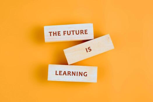 Business, modern technology, internet and networking concept. Copy space assembled from blocks on orange background, top view photo