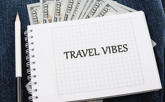 A spiral notepad with TRAVEL VIBES written on it sits on a denim surface with a pencil and a stack of cash, sparking ideas for future trips and exciting escapades photo