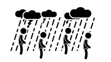 People walk under dark clouds and heavy rain, representing struggle, challenge, and the start of a journey towards finding shelter and progress video