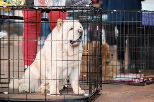 Dog chow chow in a special cage at the dog show waiting for its release photo