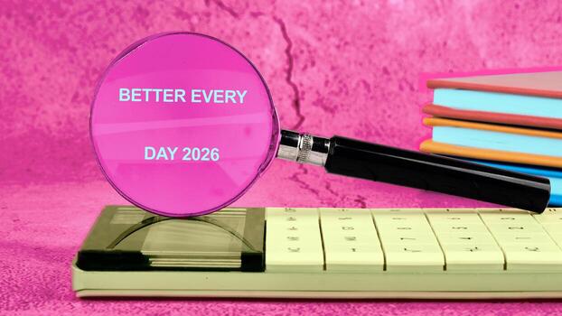 A magnifying glass rests on a calculator, displaying the words Better Every Day 2026. Bright pastel notebooks stand nearby, creating a vibrant setting for daily motivation and learning photo