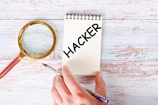 Hacker word on a notebook in a man's hand with a pencil and a magnifying glass next to it photo