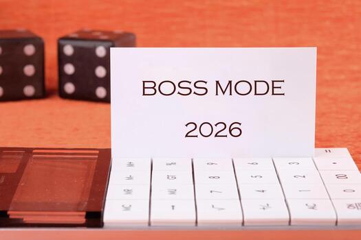 A sleek workspace shows a modern device displaying BOSS MODE alongside dice. This setup exudes motivation and inspires productivity for the year 2026 photo