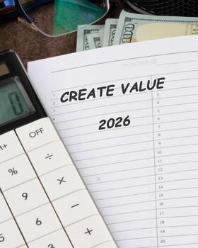 A calculator rests beside a notepad marked with the phrase create value, hinting at future financial goals and strategies for the year 2026, surrounded by money photo