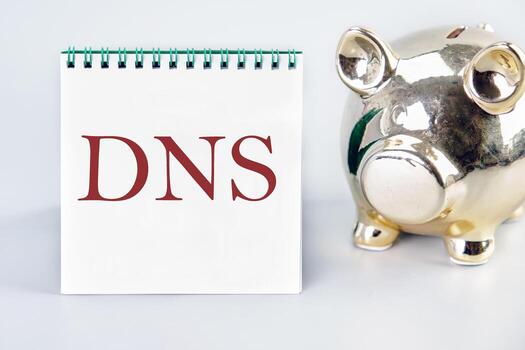 DNS. Domain Name System word writing on a notebook on a gray background next to a piggy bank photo