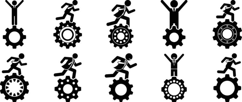 A collection of stick figures interacting with gears, symbolizing business progress and mechanical effort vector