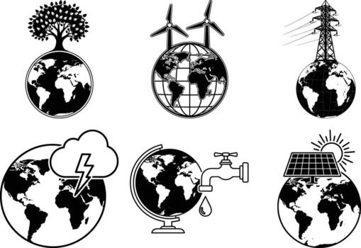 Set of earth globe illustrations with elements representing environmental issues and sustainable solutions for conservation vector