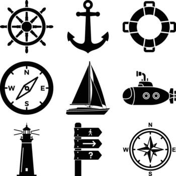 Collection of essential nautical and marine navigation icons featuring sailing vessels and guiding instruments vector
