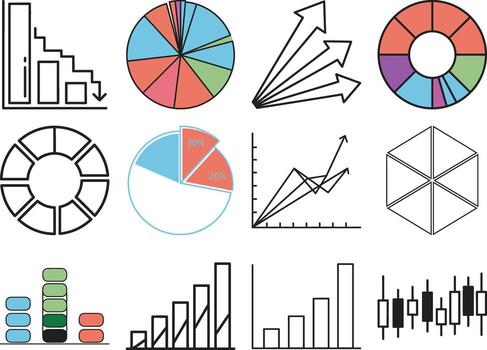 diverso formación de datos visualización iconos, incluso tarta gráficos, bar gráficos, y línea cartas para financiero informes vector