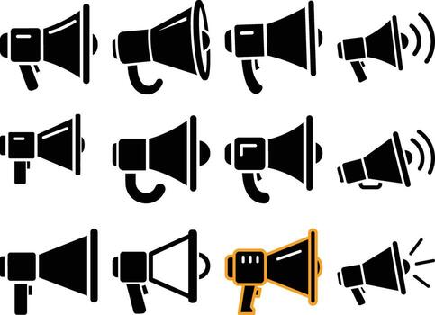 A diverse collection of megaphone and loudspeaker icons representing communication, announcement, and public address vector