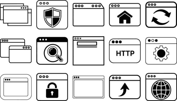 Collection of outline browser window icons depicting web navigation, security, and global internet functions vector