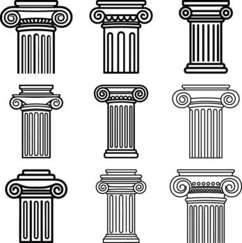 Variety of classical architectural column designs with Ionic and Doric capitals in line art style vector