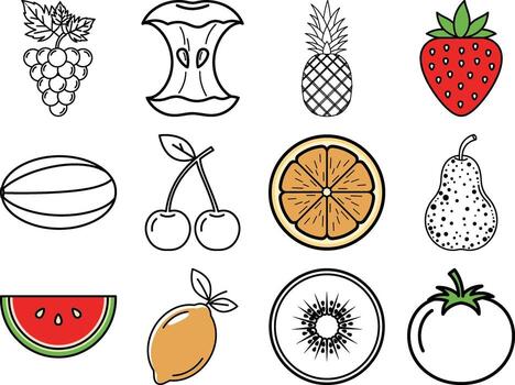 Assortment of fresh fruit icons featuring outline and partially colored elements like strawberries and citrus slices vector