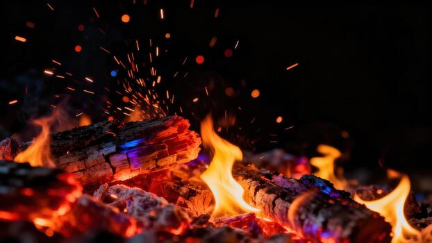 Glowing embers and flames of a fire photo