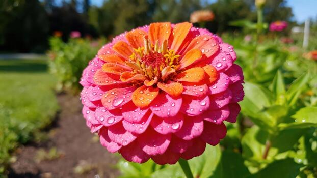 Pink flower with dew in sunlight photo