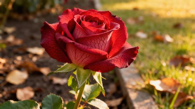Red rose blooming in sunlight photo