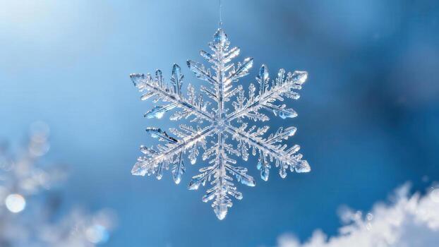 Beautiful ice crystal snowflake on blue photo