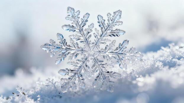 Ice snowflake on snow surface photo