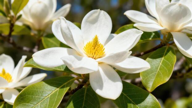 White magnolia flower with yellow center photo