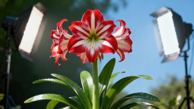 Red and white blooming amaryllis flower photo