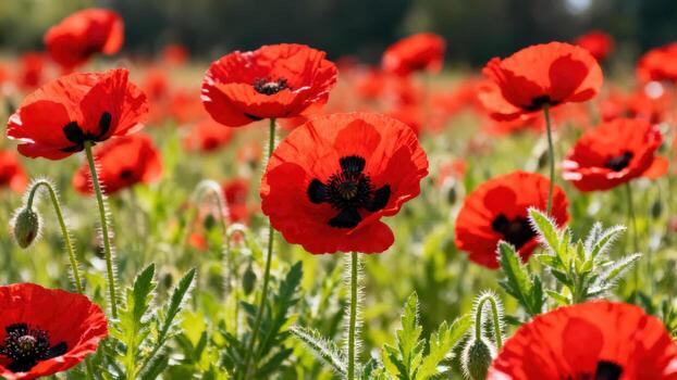 Field of red poppies in bloom photo
