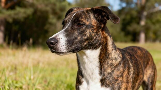 Brindle dog in a grassy field photo