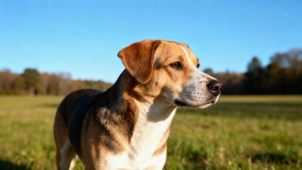 Beagle dog in a sunny field photo