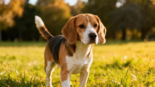 Beagle dog in a sunny field photo